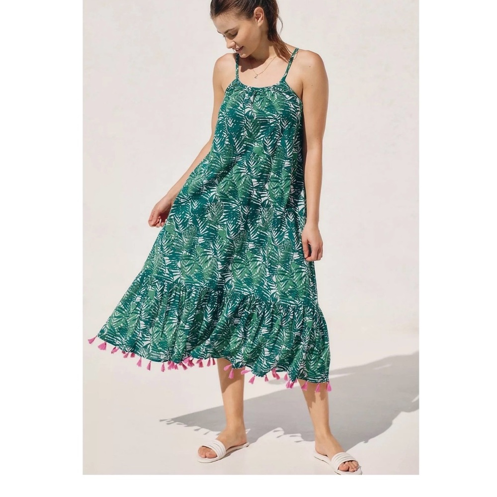Green Palm Print Midi Sundress with Pink Tassels